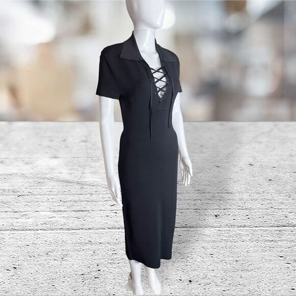 Alice + Olivia Black Short Sleeve Lace Up Neck Collar Dress - Picture 3 of 8